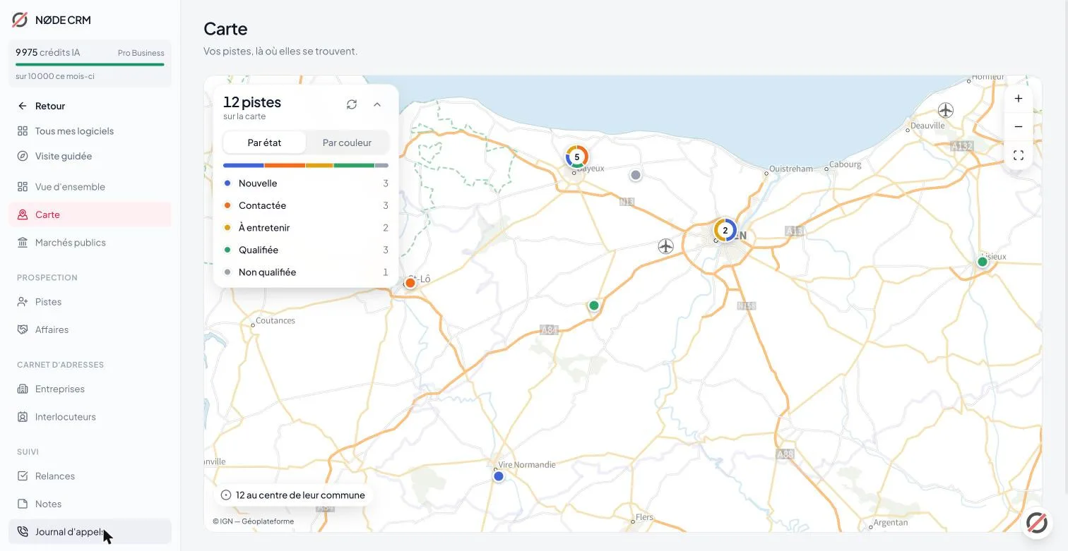 La carte des pistes du CRM en Normandie, colorées par état : nouvelle, contactée, à entretenir, qualifiée