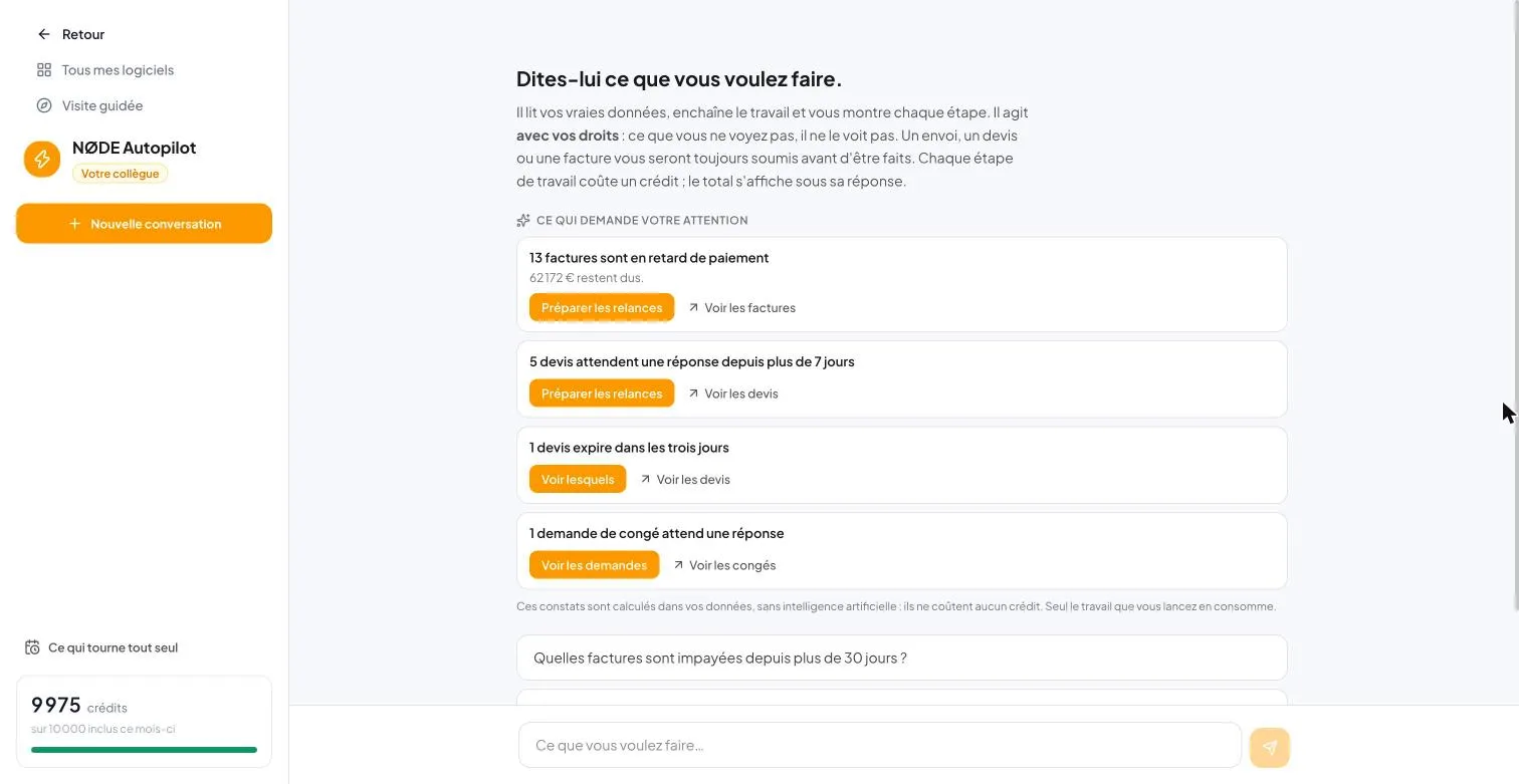 Autopilot : 13 factures en retard de paiement, 5 devis sans réponse, 1 devis qui expire, 1 congé en attente, chacun avec son bouton