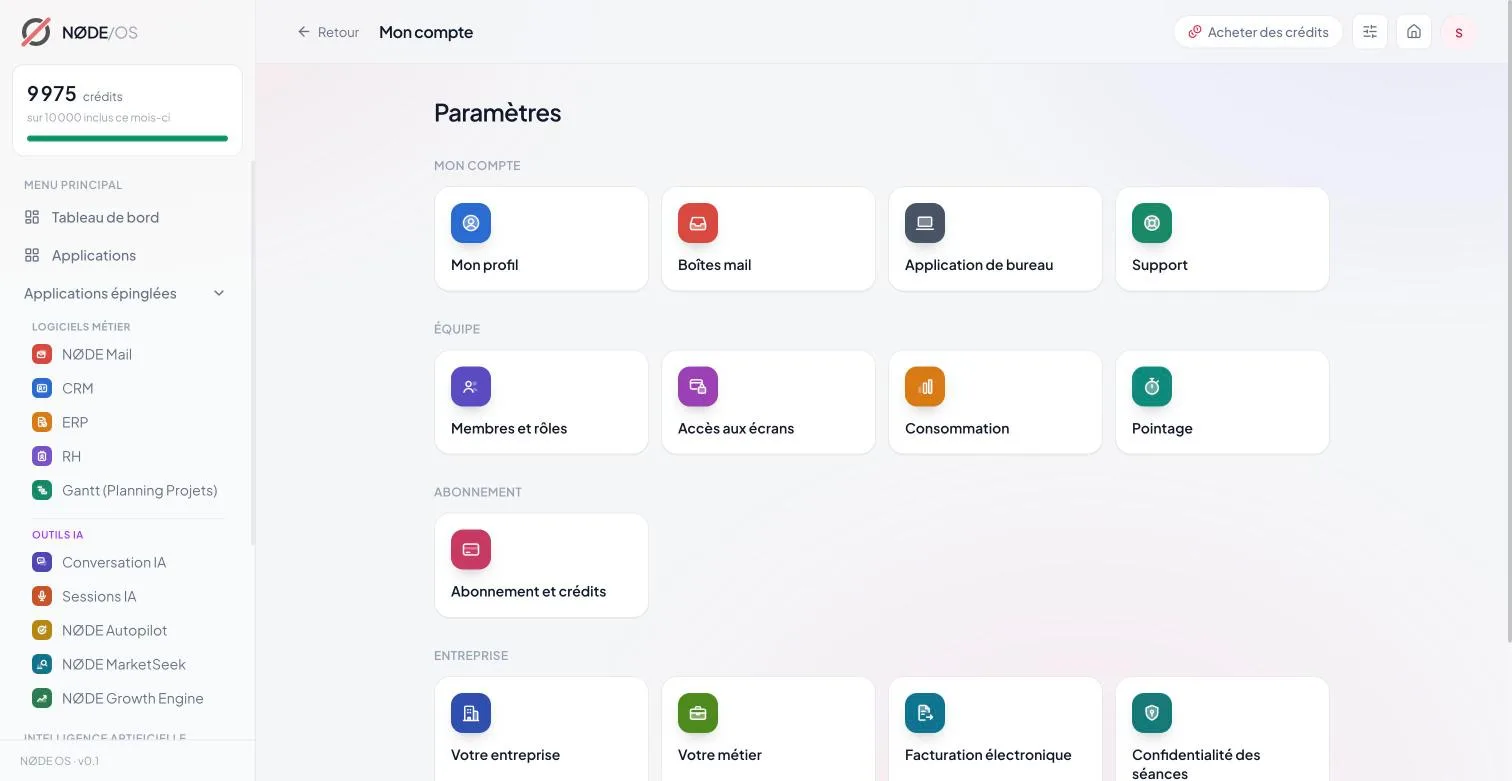 La page des paramètres : mon compte, équipe, abonnement et entreprise, chaque réglage avec son icône