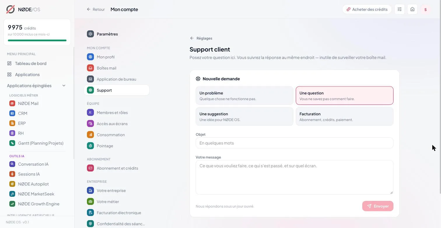 Le support client : choisir entre un problème, une question, une suggestion ou la facturation, puis écrire sa demande